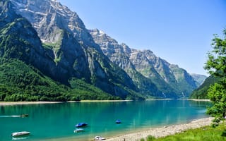 Картинка Швейцария, озеро, Glarus, горы, берег, лодки