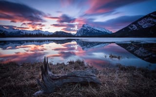 Картинка Канада, утро, горы, Национальный парк Банф, зима, Альберта, озеро, снег, отражения, Mount Rundle