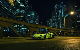 Картинка Lamborghini, City, LP700-4, Supercar, Green, Downtown, Aventador, Roadster, Nigth, Front, Chicago