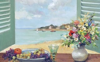 Картинка Марсель Диф, лодка, фрукты, пейзаж, картина, ставни, парус, Окно с видом на море, цветы