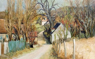 Картинка Марсель Диф, пейзаж, дорога, дома, картина, деревья