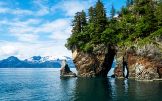 Картинка Kenai Fjords National Park, камни, Кенай-Фьордс, горы, США, скалы, берег, фьорды, деревья, Аляска