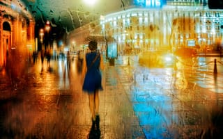 Картинка Санкт-Петербург, зонт, ночной дождь, капли, девушка