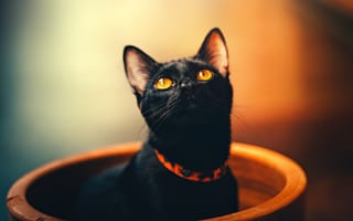 Картинка кошка, черный, поза, черная, кот, портрет, оранжевый, красотка, сидит, горшок, взгляд, ошейник, желтый, глаза, морда