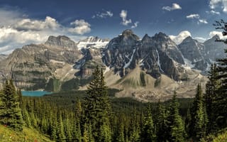 Картинка Moraine Lake, Canada, озеро, лес, Alberta, горы, Valley of the Ten Peaks, панорама, Banff National Park