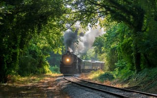 Картинка лес, железная дорога, деревья, Чаттануга, поезд, Tennessee, Теннесси, Chattanooga