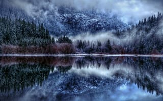 Картинка туман, природа, озеро, снег, зима