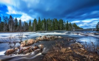 Картинка river, Finland, bridge, rocks, long exposure, Springtime flood