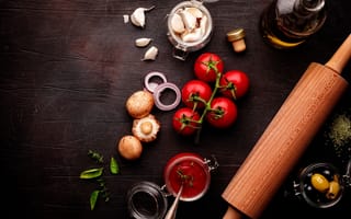 Картинка грибы, оливки, кетчуп, чеснок, специи, помидоры