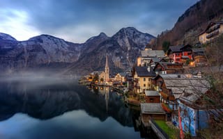 Картинка Hallstatt, Lake Hallstatt, Alps, Гальштатское озеро, Альпы, Гальштат, отражение, Austria, пейзаж, горы, дома, Австрия, озеро