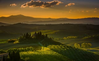 Картинка Италия, Тоскана, сад, дом, виноградник, горы, холмы