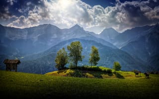 Картинка Австрия, hdr, горы, деревья, зелень, трава, леса, поляна, облака