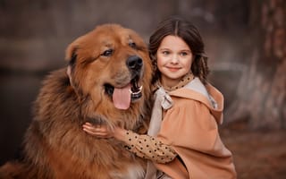 Картинка портрет, собака, девочка, Валентина Ермилова, тибетский мастиф, друзья, пёс