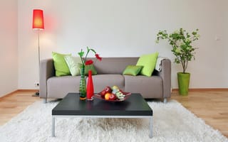 Картинка стиль, диван, мебель, дом, интерьер, фрукты, дизайн, вазы, стол, ковёр, белые, белый ковёр, растение