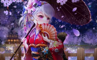 Картинка Yukata, зонт, сакура, цветение, кимоно, аниме, веер