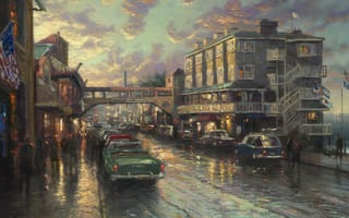 Картинка Томас Кинкейд, Cannery Row Sunset, Консервный ряд закат, Thomas Kinkade, american painter, американский художник