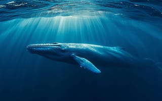 Картинка синий кит, под водой, океанская жизнь, морская дикая природа, Морские создания, глубокое море, водные животные, природа, исследование океана, охрана окружающей среды, ИИ искусство