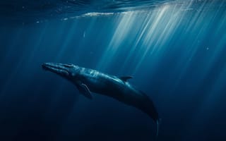 Картинка синий кит, под водой, океанская жизнь, морская дикая природа, Морские создания, глубокое море, водные животные, природа, исследование океана, охрана окружающей среды, ИИ искусство