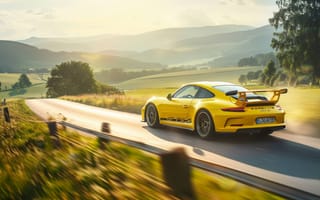 Картинка Порше 911 GT3, спортивная машина, немецкая сельская местность, автомобильный, действие, высокопроизводительные автомобили, автомобильная гонка, пейзаж, ИИ искусство