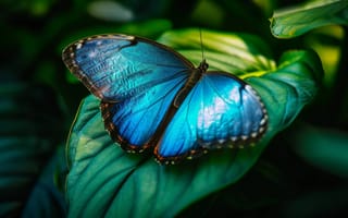 Картинка Синяя морфо-бабочка, природа, дикая природа, макрос, насекомое, яркие цвета, переливающиеся крылья, зеленые листья, тропический лес, ИИ искусство