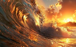 Картинка Океанские волны, закат, цифровое искусство, ИИ искусство