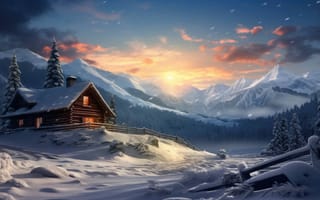 Картинка зимнее отступление, снежные вершины, кабина, камин, сосны, ИИ искусство