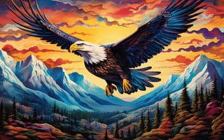 Картинка рисование, акрил, величественный, свобода, вдохновляющий, тепло, яркий, природа, дикая природа, закат, горы, река, орел, ИИ искусство