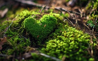Картинка мох в форме сердца, зеленый, пышный, лес, крупный план, естественный узор, растительность, лесной массив, символ любви в природе, землистые тона, органическая текстура, ИИ искусство
