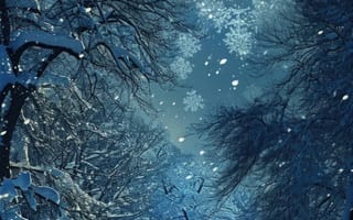 Картинка Снежный пейзаж при лунном свете, зимняя ночь, полнолуние, заснеженный лес, луна сквозь деревья, Синий зимний пейзаж, спокойная природа, ИИ искусство