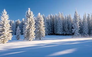 Картинка снег, зима, деревья, лес, голубое небо, солнечный свет, хвойный, белый, спокойный, природа, живописный, морозный, холодный, дикая местность, пейзаж, ИИ искусство