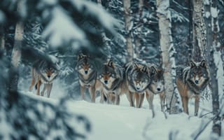 Картинка волки, снег, зима, лес, дикая природа, пакет, альфа, серый волк, природа, холодный, хищник, поведение животных, ИИ искусство