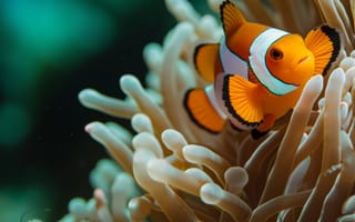 Картинка рыба-клоун, актинии, Морская биология, оранжевая рыба, симбиоз, экосистема кораллового рифа, водный, под водой, дикая природа, ИИ искусство
