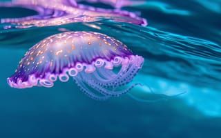 Картинка медуза, биолюминесценция, под водой, морская жизнь, фиолетовый, щупальца, океан, морское создание, светящийся, дикая природа, ИИ искусство