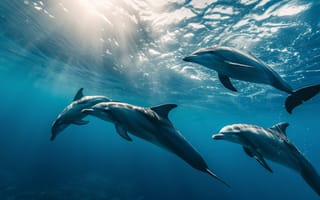 Картинка океан, дельфины, под водой, Морские животные, дикая природа, солнечный свет сквозь воду, стая дельфинов, плавание, морская жизнь, природа, голубая вода, водные млекопитающие, ИИ искусство