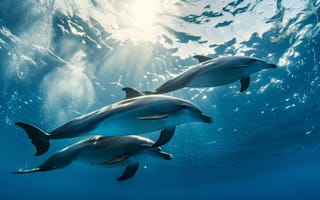 Картинка океан, дельфины, под водой, Морские животные, дикая природа, солнечный свет сквозь воду, стая дельфинов, плавание, морская жизнь, природа, голубая вода, водные млекопитающие, ИИ искусство