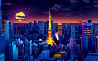 Картинка иллюстрация, фиолетовый, городской пейзаж, Токийская башня, ночь, линия горизонта, цифровое искусство, неоновые цвета, футуристический город, здания, звезды, облака, ИИ искусство