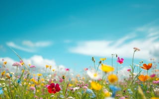 Картинка весна, луг, полевые цветы, голубое небо, природа, весенние цветы, поле, Солнечный день, пейзаж, красочный, яркий, на открытом воздухе, сезонный, Флора, ИИ искусство
