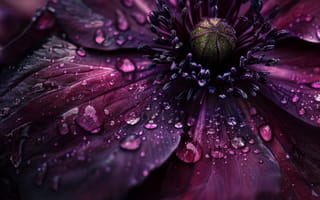 Картинка цветок, фиолетовый, лепестки, капли воды, крупный план, макрос, анемон, природа, темный, цветочный, ботанический, красота, капли дождя, ИИ искусство