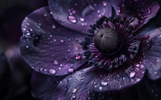 Картинка цветок, фиолетовый, лепестки, капли воды, крупный план, макрос, анемон, природа, темный, цветочный, ботанический, красота, капли дождя, ИИ искусство