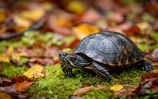 Картинка черепаха, нарисованная черепаха, мох, Осенние листья, дикая природа, рептилия, естественная среда обитания, деревянный пол, желтые полосы, ИИ искусство