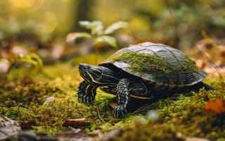 Картинка черепаха, рептилия, мох, лес, дикая природа, естественная среда, оболочка, фауна, природа, черно-оранжевая черепаха, животное, экосистема, ИИ искусство