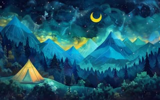 Картинка цифровое искусство, горы, ночное небо, звезды, полумесяц, палатка, Отдых на природе, деревья, фантастический пейзаж, полярное сияние, красочный, иллюстрация, безмятежный, ИИ искусство