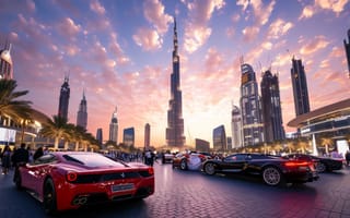 Картинка Дубай, Бурдж-Халифа, закат, роскошные автомобили, футуристическая архитектура, современный город, путешествовать, Объединенные Арабские Эмираты, ИИ искусство