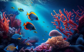 Картинка рыба, коралл, коралловый риф, экзотический, тропическая, подводный мир, подводный, море, океан, вода, морское дно, арт, рисунок, AI Art, цифровое, ИИ арт, сгенерированный, AI, ИИ