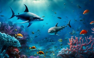 Картинка акула, рыба, хищник, дельфин, коралл, коралловый риф, экзотический, тропическая, подводный мир, подводный, море, океан, вода, морское дно, арт, рисунок, AI Art, цифровое, ИИ арт, сгенерированный, AI, ИИ