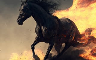 Картинка лошадь, конь, лошади, животные, вороной, бег, огонь, пламя, арт, цифровой