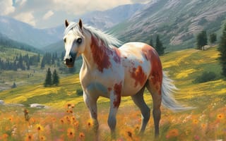 Картинка лошадь, конь, лошади, животные, луг, гора, цветок, цветущий, арт, рисунок, живопись, aрт