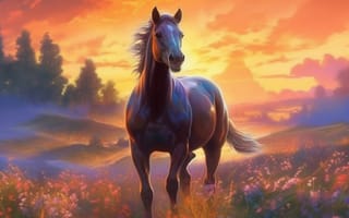 Картинка лошадь, конь, лошади, животные, луг, вечер, закат, заход, арт, рисунок, живопись, aрт