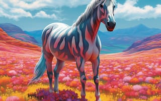 Картинка лошадь, конь, лошади, животные, луг, гора, цветок, цветущий, облака, туча, облако, тучи, небо, арт, рисунок, живопись, aрт
