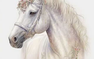 Картинка лошадь, конь, лошади, животные, белый, уздечка, узда, арт, рисунок, портрет